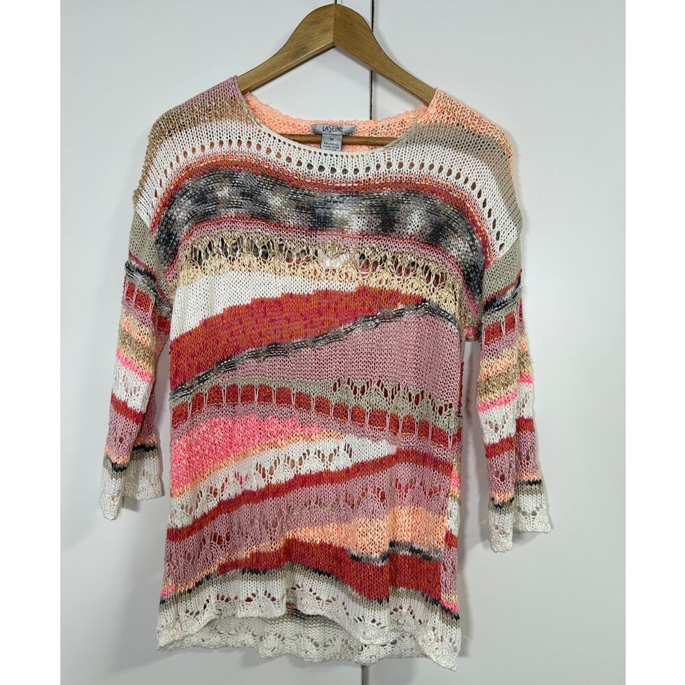 LaSeine Women’s‎ M 3/4 Sleeve Open Knit Sweater Boho Multicolor Pink Cream